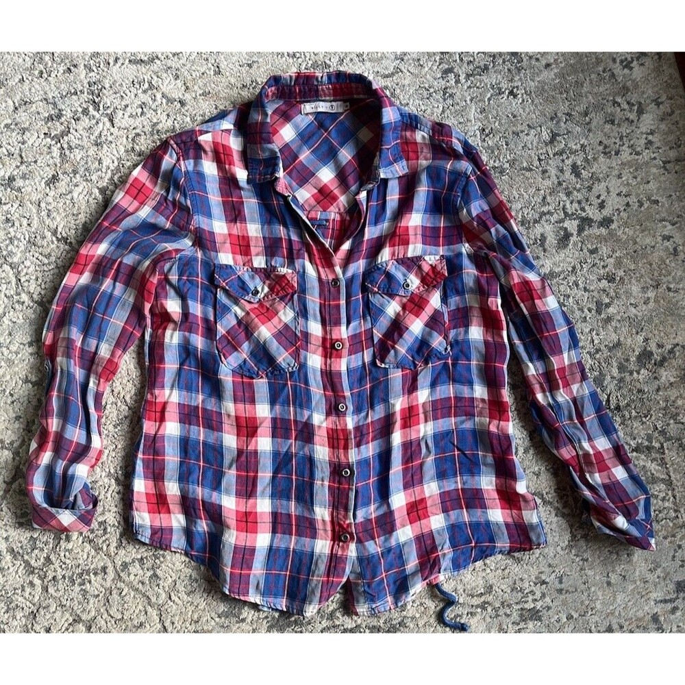 Billy T Plaid Button up Shirt Lace-Up Back Red Blue Checkered Women’s M Western